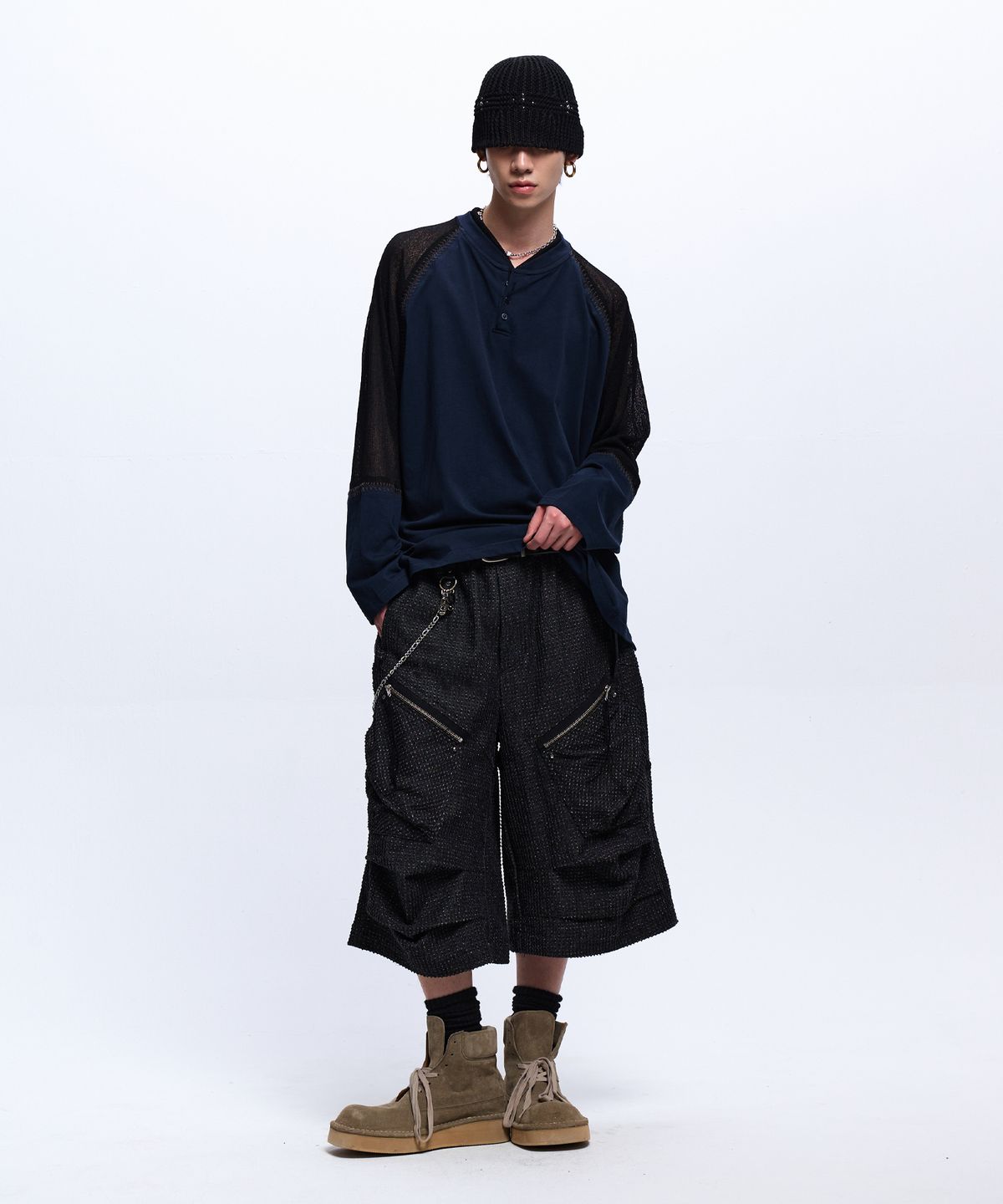 알에스에스씨(RSSC) STITCHED KNIT ARM HENLEY NECK LONG SLEEVE - NAVY