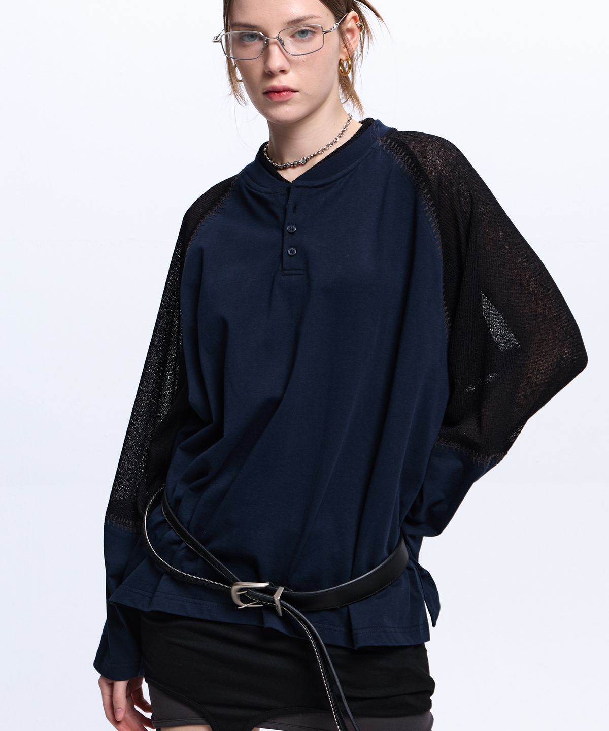 알에스에스씨(RSSC) STITCHED KNIT ARM HENLEY NECK LONG SLEEVE - NAVY