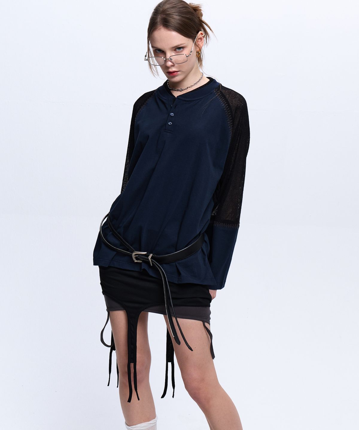 알에스에스씨(RSSC) STITCHED KNIT ARM HENLEY NECK LONG SLEEVE - NAVY