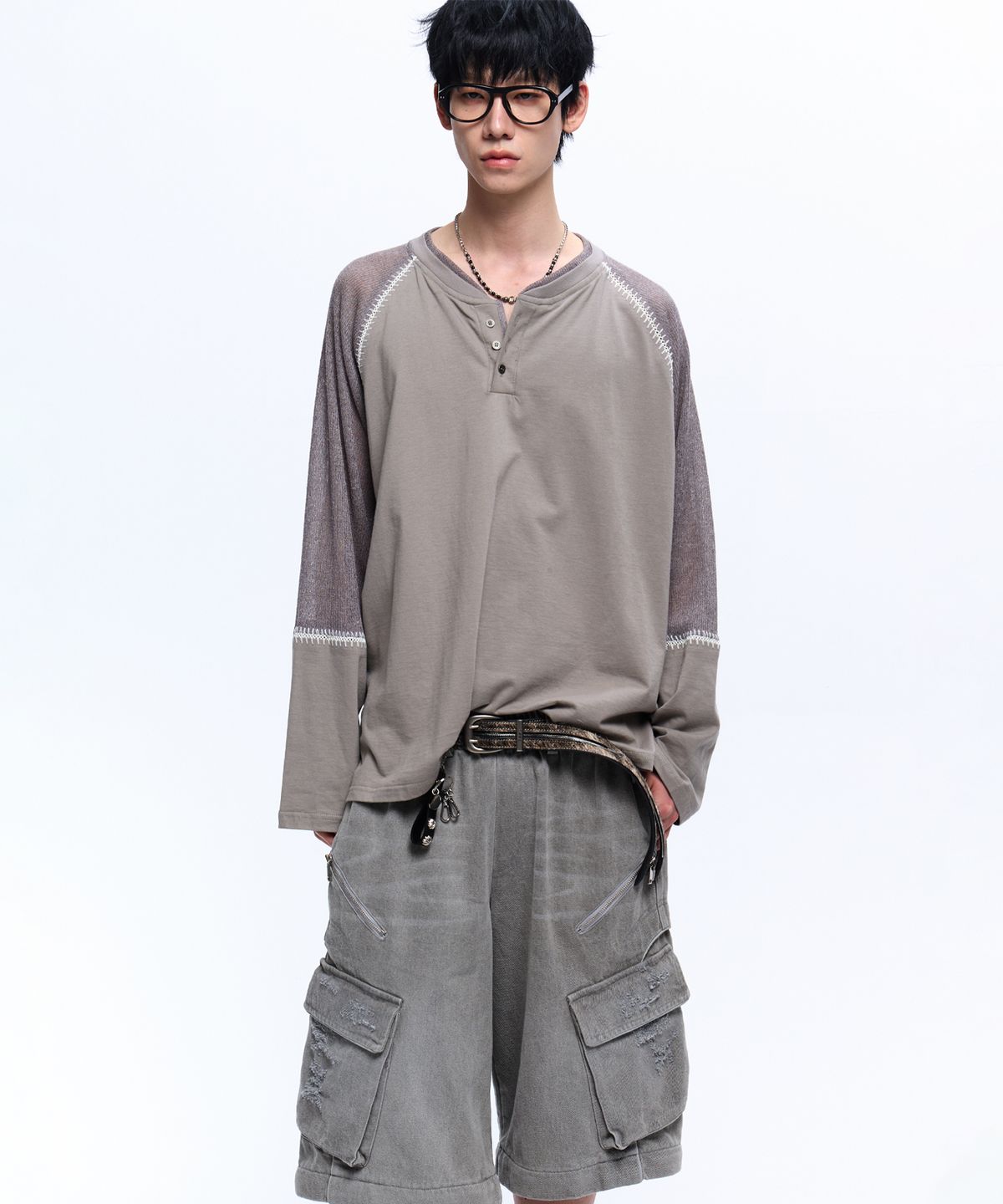 알에스에스씨(RSSC) STITCHED KNIT ARM HENLEY NECK LONG SLEEVE - GRAY