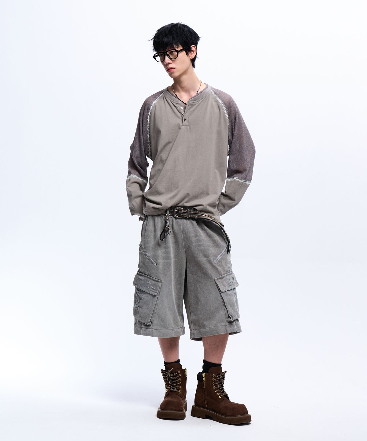 알에스에스씨(RSSC) STITCHED KNIT ARM HENLEY NECK LONG SLEEVE - GRAY