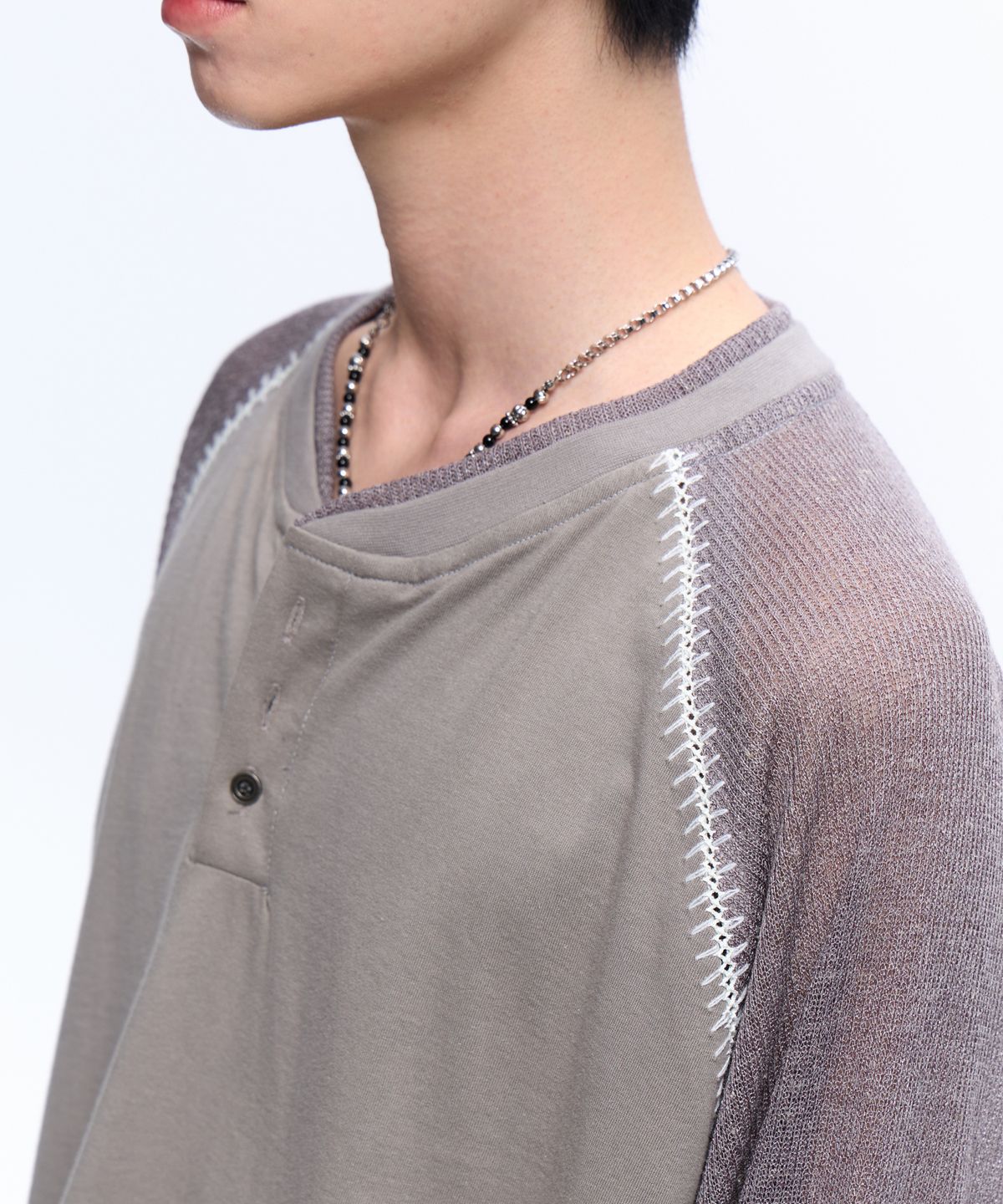 알에스에스씨(RSSC) STITCHED KNIT ARM HENLEY NECK LONG SLEEVE - GRAY