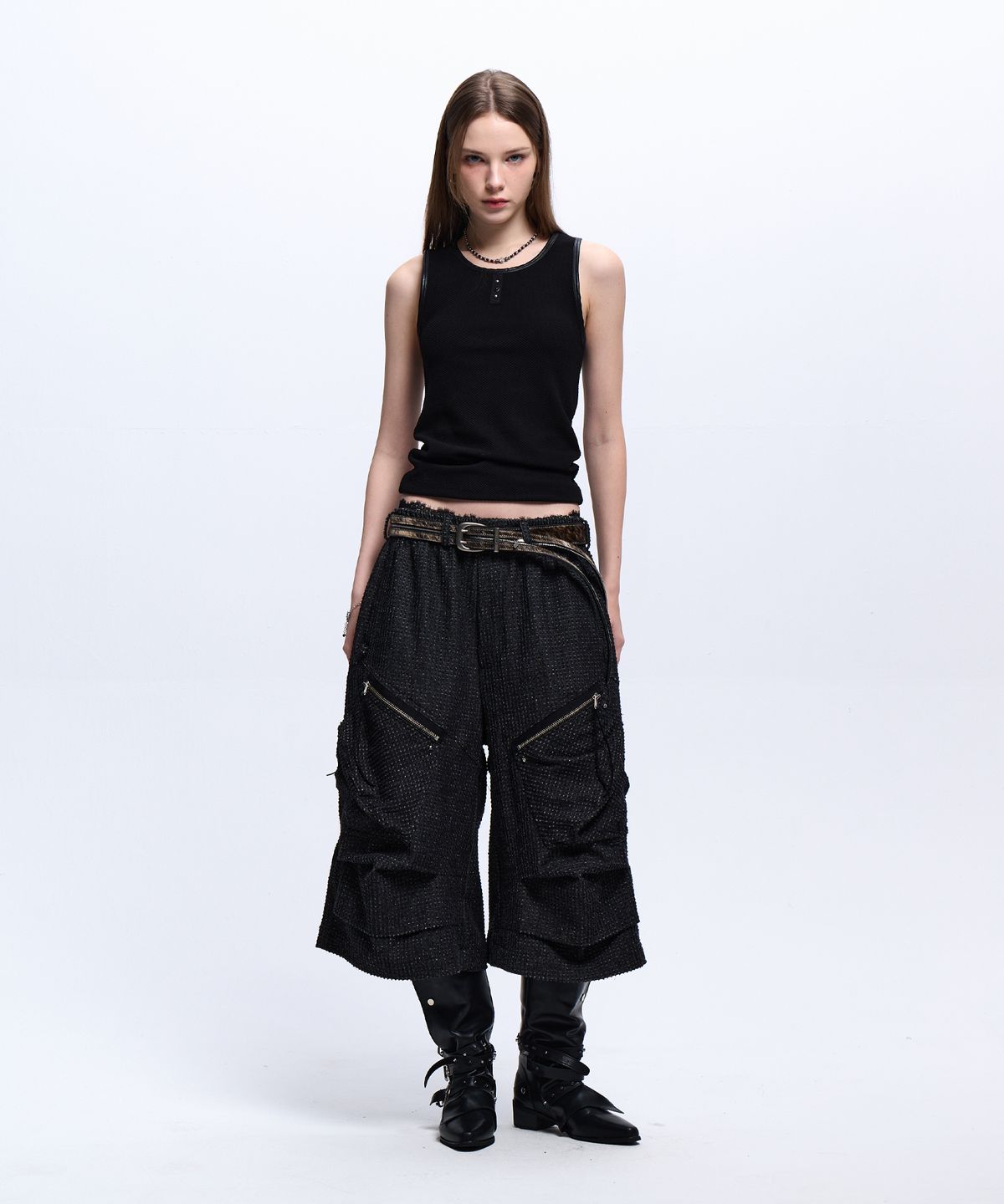 알에스에스씨(RSSC) LEATHER MIXED SLEEVELESS - BLACK