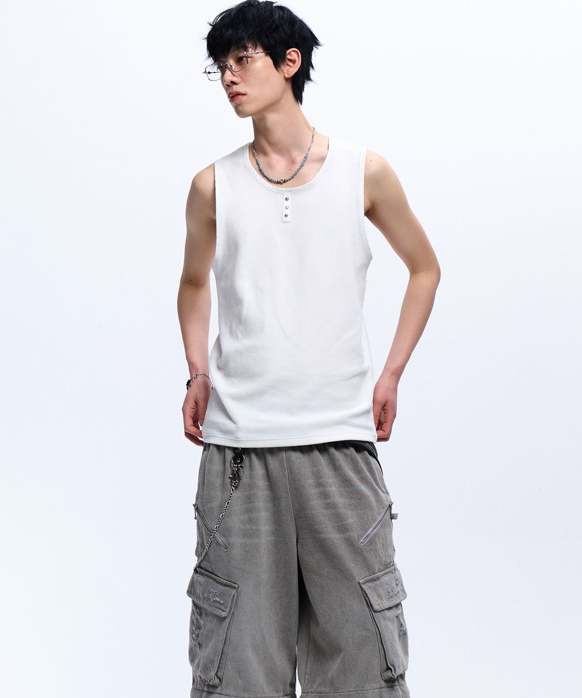 알에스에스씨(RSSC) LEATHER MIXED SLEEVELESS - WHITE
