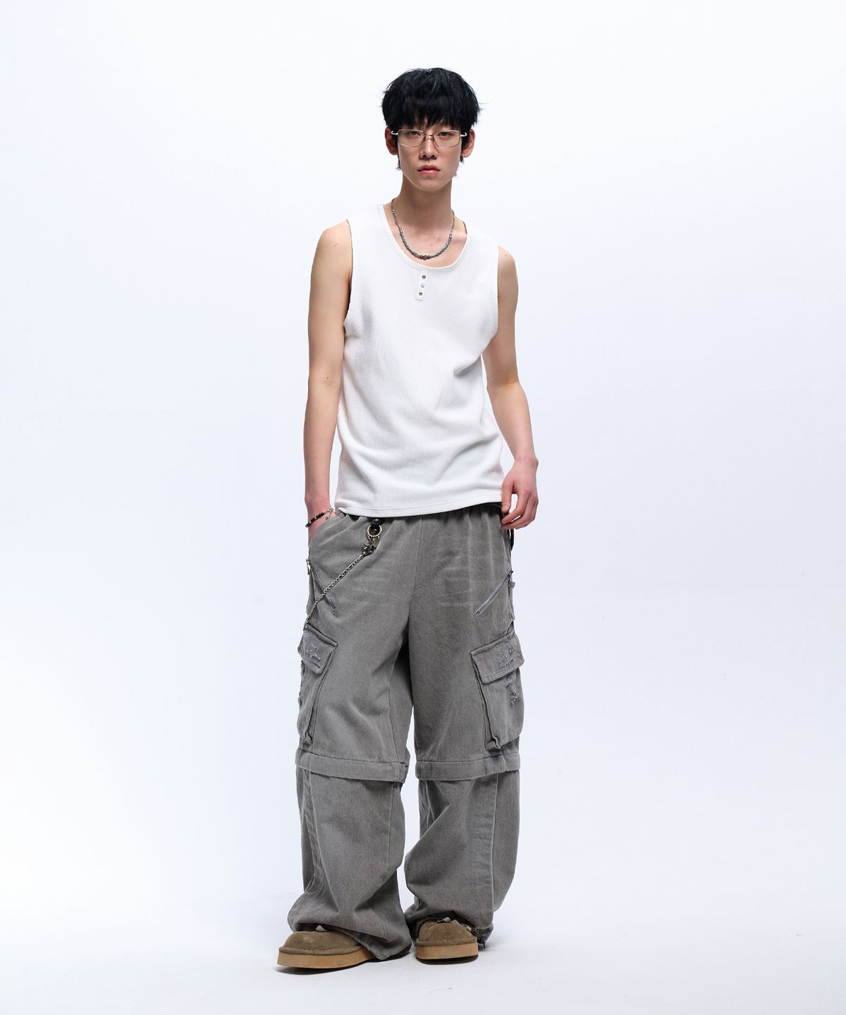 알에스에스씨(RSSC) LEATHER MIXED SLEEVELESS - WHITE