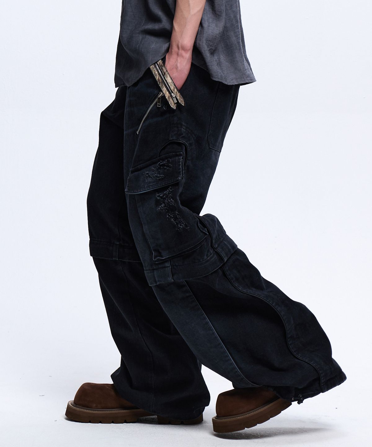 알에스에스씨(RSSC) CONVERTIBLE DESTROYED CARGO DENIM PANTS - BLACK