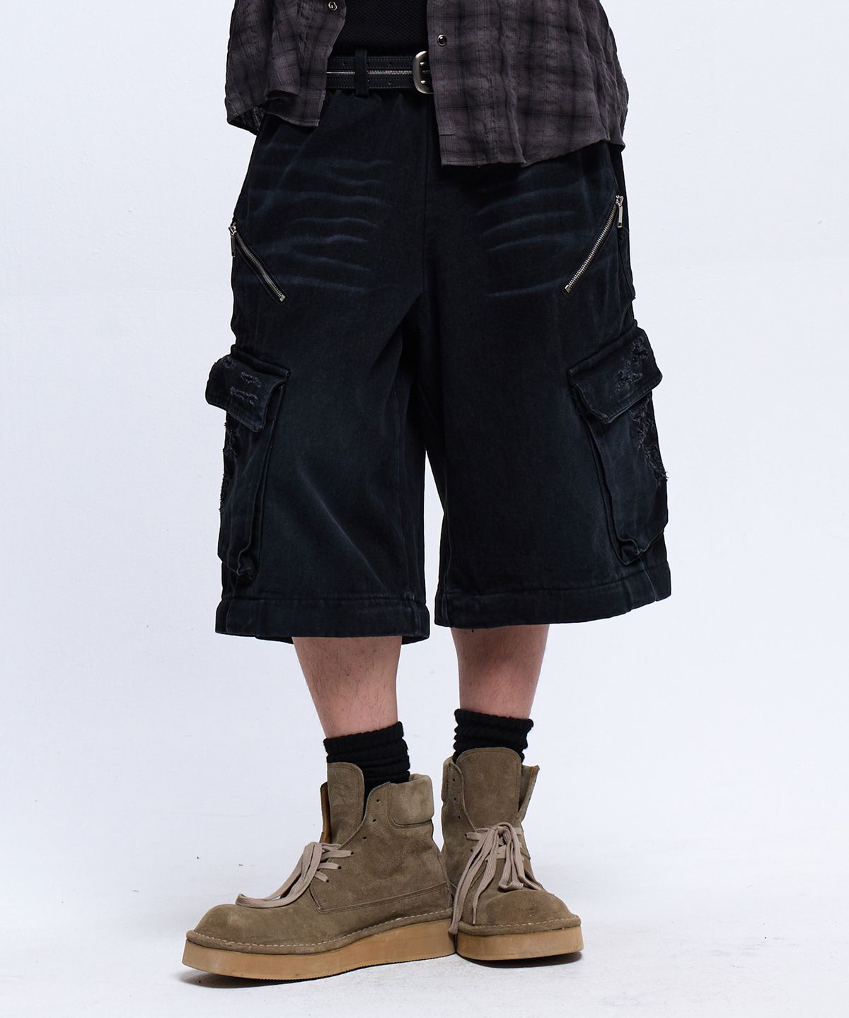 알에스에스씨(RSSC) CONVERTIBLE DESTROYED CARGO DENIM PANTS - BLACK