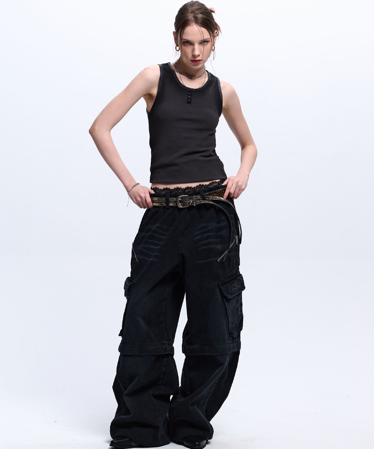 알에스에스씨(RSSC) CONVERTIBLE DESTROYED CARGO DENIM PANTS - BLACK