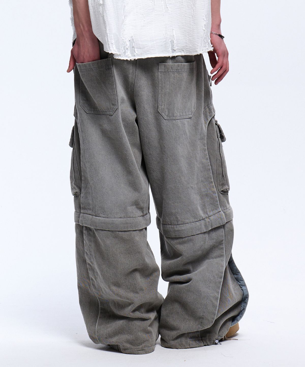 알에스에스씨(RSSC) CONVERTIBLE DESTROYED CARGO DENIM PANTS - GRAY