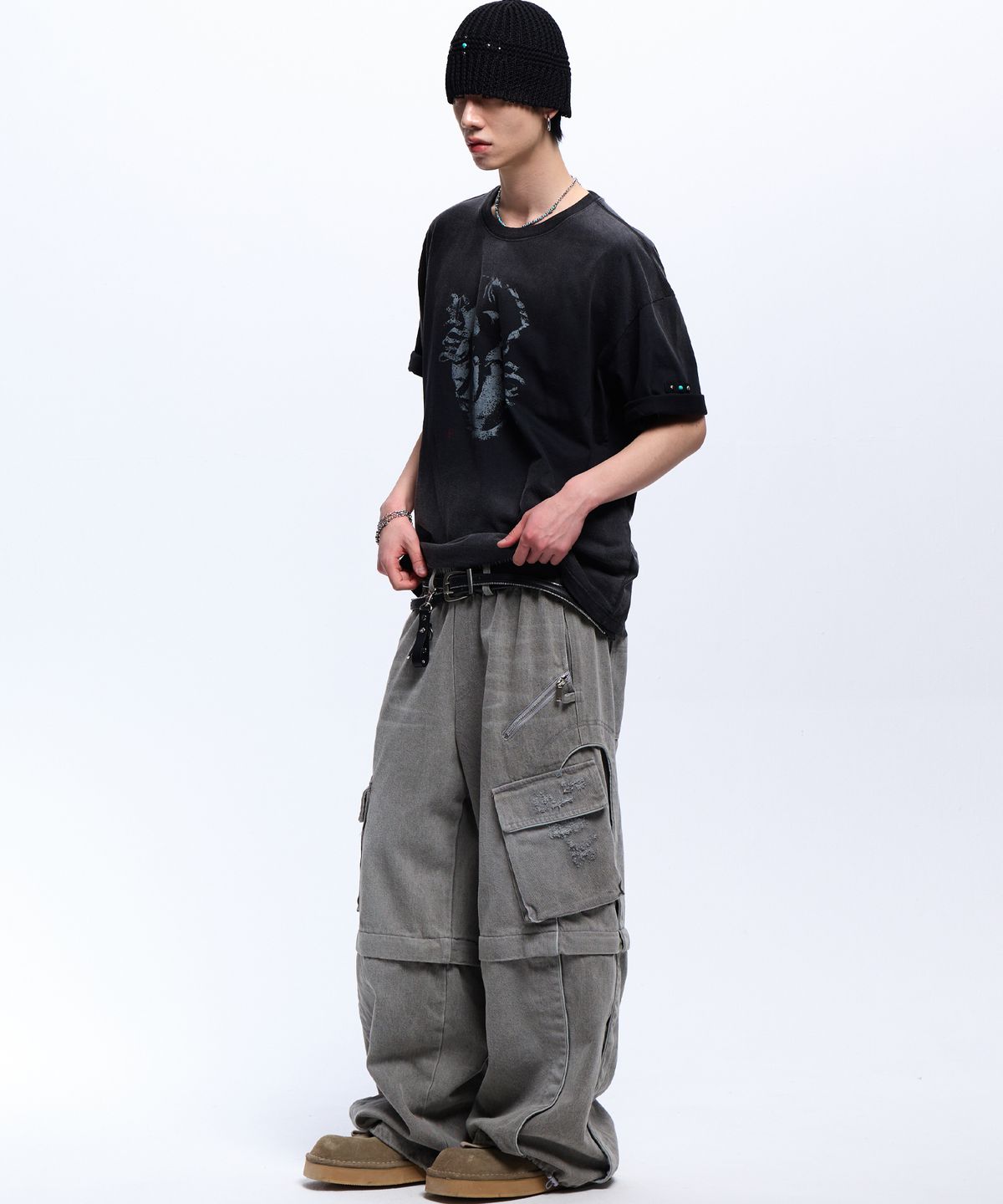 알에스에스씨(RSSC) CONVERTIBLE DESTROYED CARGO DENIM PANTS - GRAY