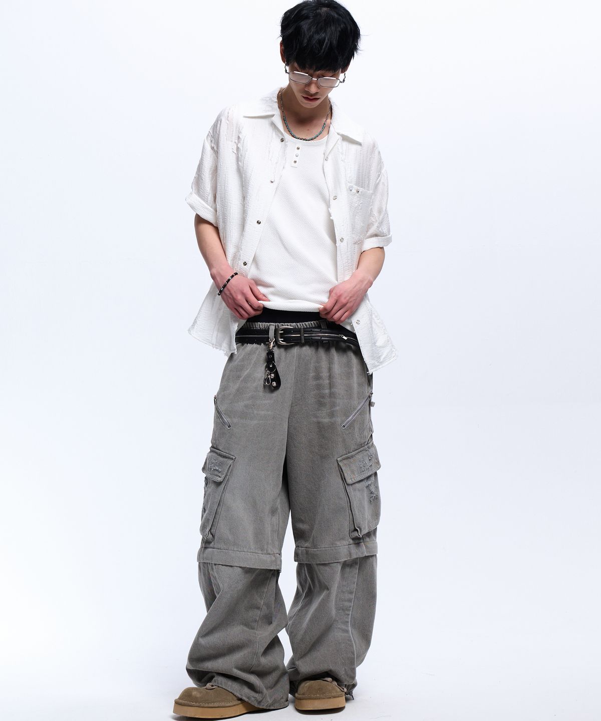 알에스에스씨(RSSC) CONVERTIBLE DESTROYED CARGO DENIM PANTS - GRAY