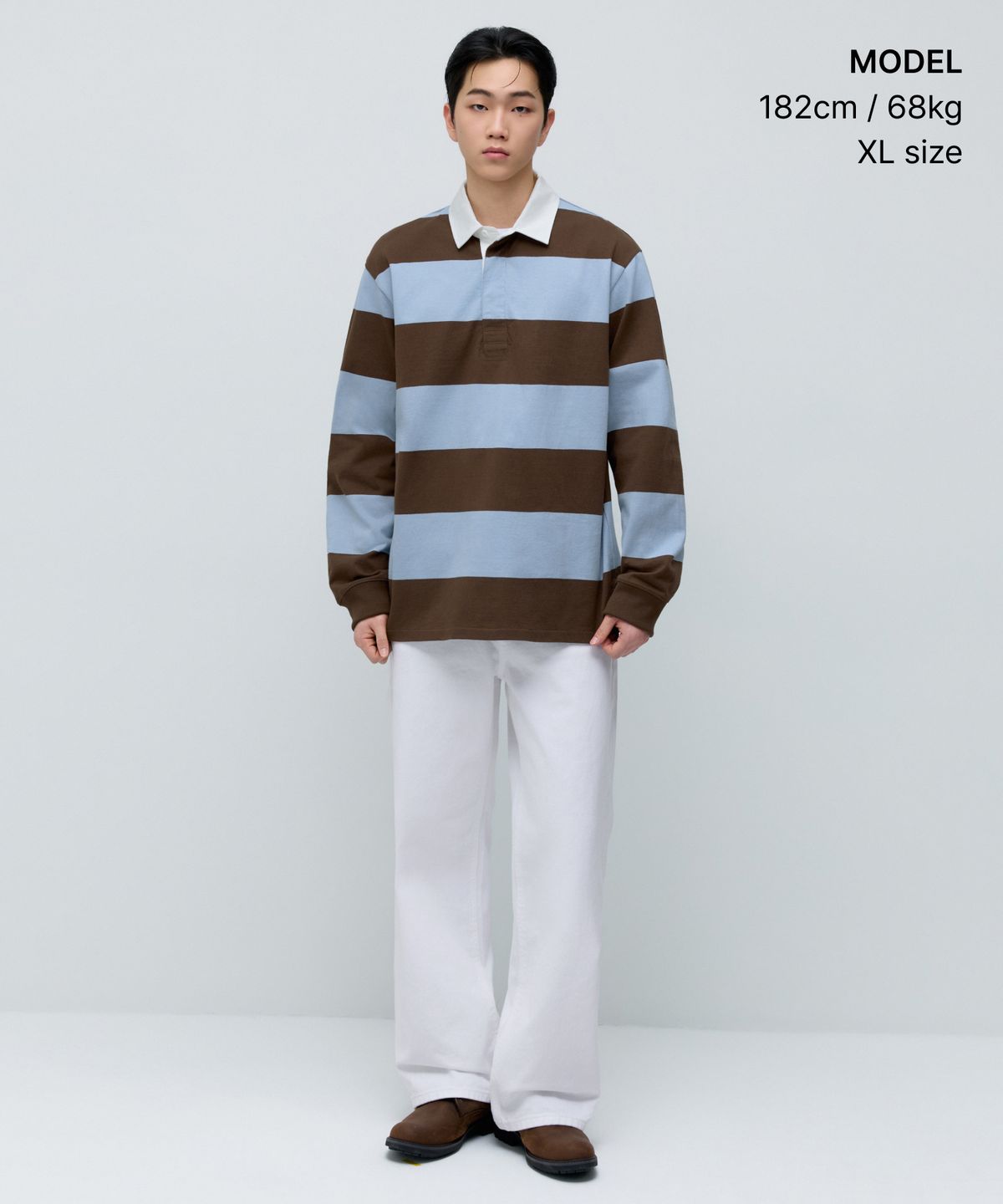 무신사 스탠다드(MUSINSA STANDARD) 릴렉스드 스트라이프 럭비 셔츠 [브라운/라이트 블루]