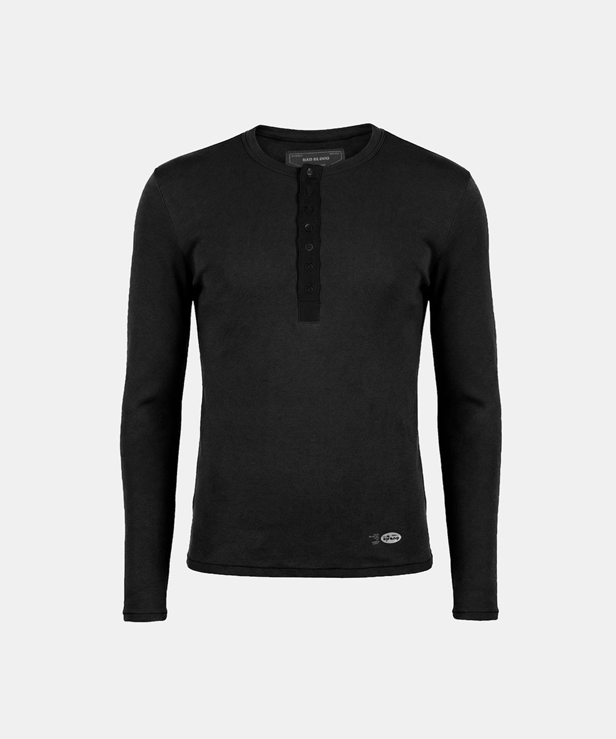 배드블러드(BADBLOOD) BS Cotton Jersey Fitted Henley Neck Long Sleeve T-Shirt - Black