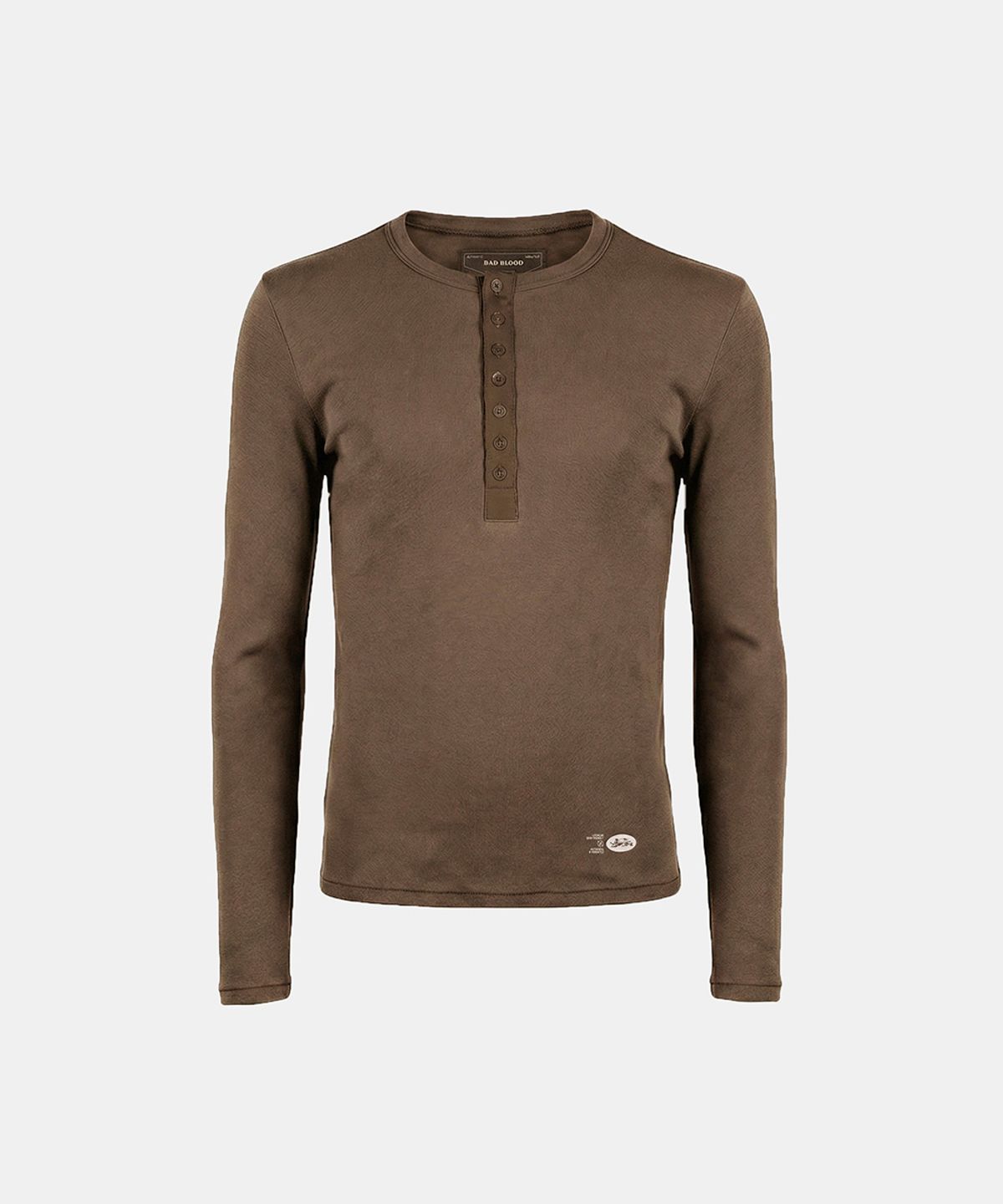 배드블러드(BADBLOOD) BS Cotton Jersey Fitted Henley Neck Long Sleeve T-Shirt - Brown