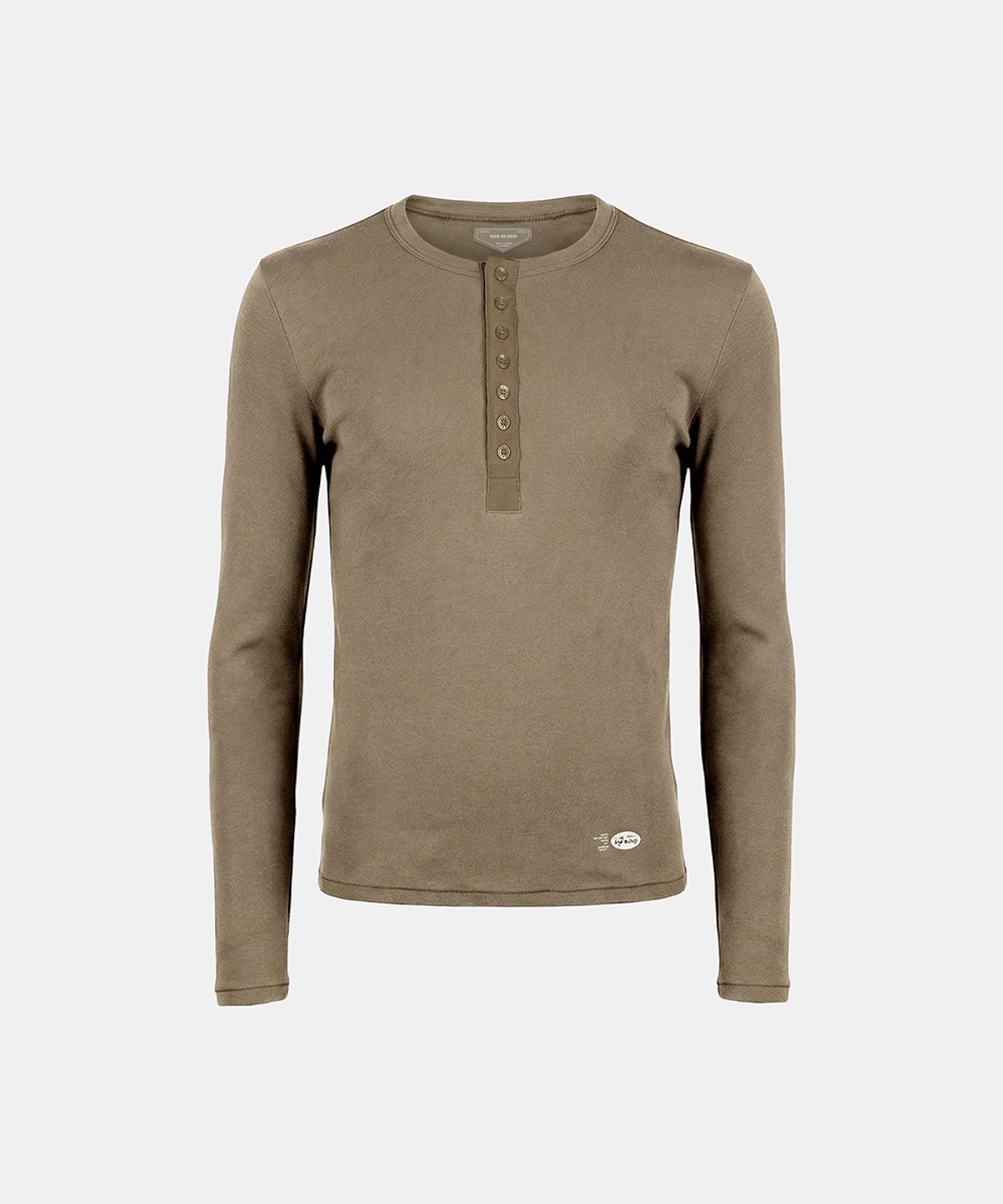 배드블러드(BADBLOOD) BS Cotton Jersey Fitted Henley Neck Long Sleeve T-Shirt - Tobacco