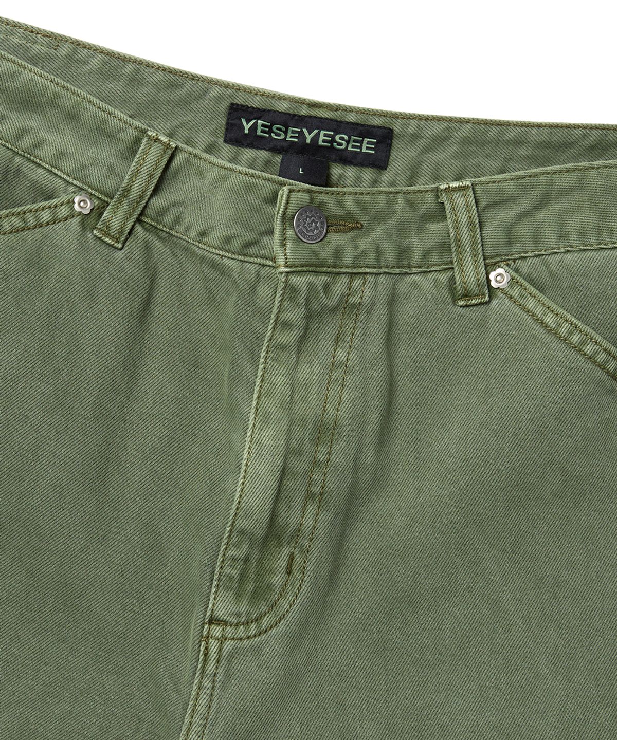 예스아이씨(YESEYESEE) Flower Rivet Denim Pants Khaki Green