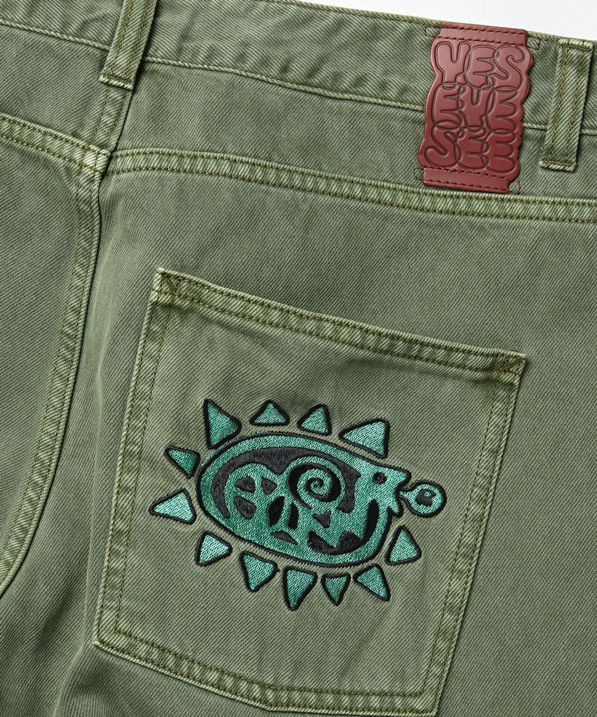 예스아이씨(YESEYESEE) Flower Rivet Denim Pants Khaki Green