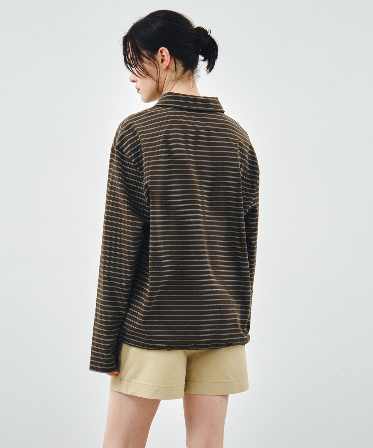 몽돌(MONGDOL) 스트라이프 카라 럭비 티셔츠 브라운 MDTS100BROWN