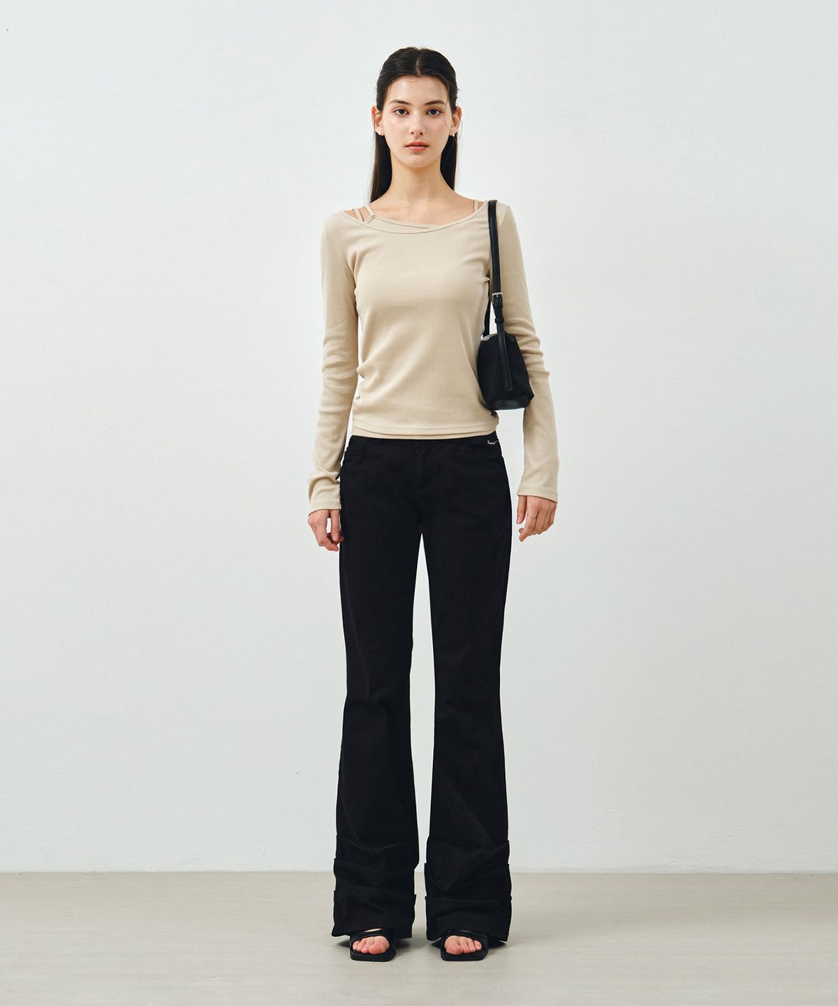 몽돌(MONGDOL) [SET] 보트넥 레이어드 골지 티셔츠 베이지 MDTS087BEIGE