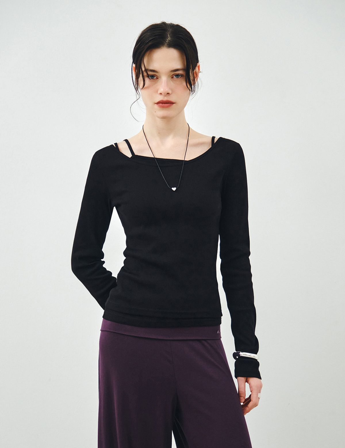 몽돌(MONGDOL) [SET] 보트넥 레이어드 골지 티셔츠 블랙 MDTS087BLACK