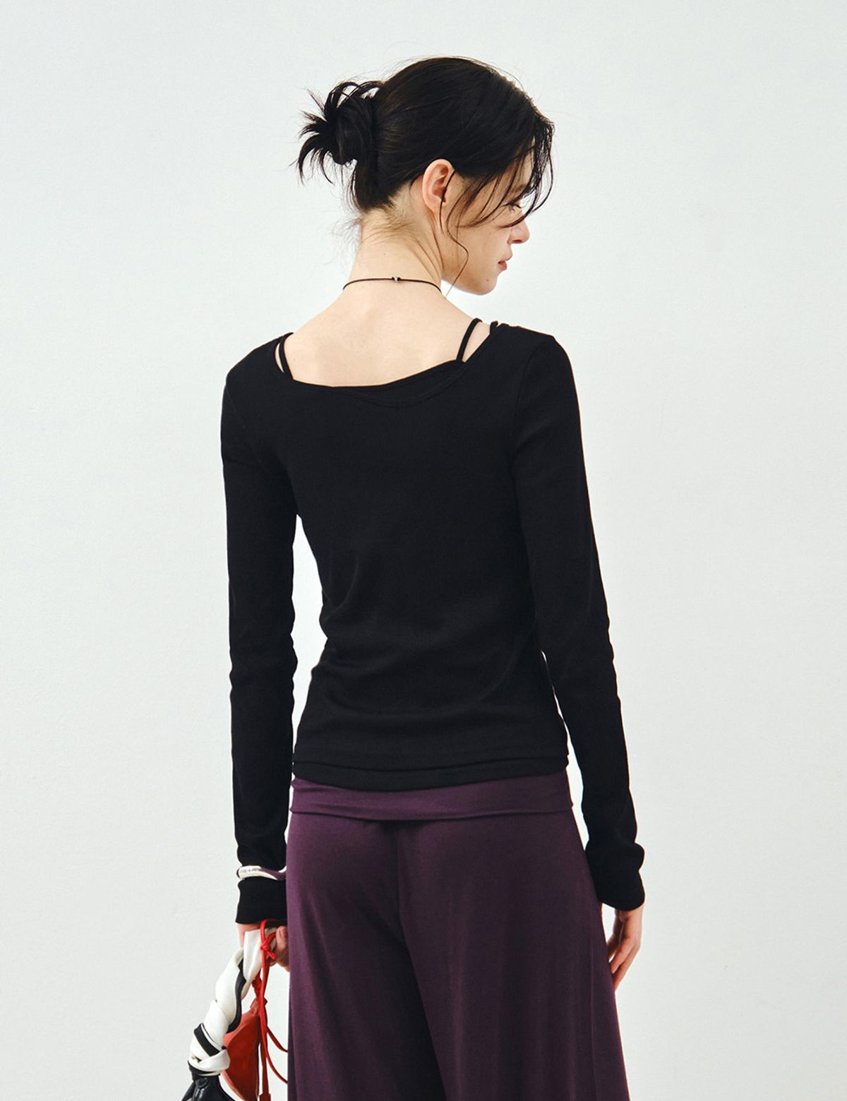 몽돌(MONGDOL) [SET] 보트넥 레이어드 골지 티셔츠 블랙 MDTS087BLACK