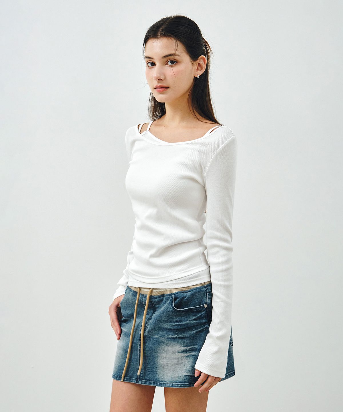 몽돌(MONGDOL) [SET] 보트넥 레이어드 골지 티셔츠 화이트 MDTS087WHITE