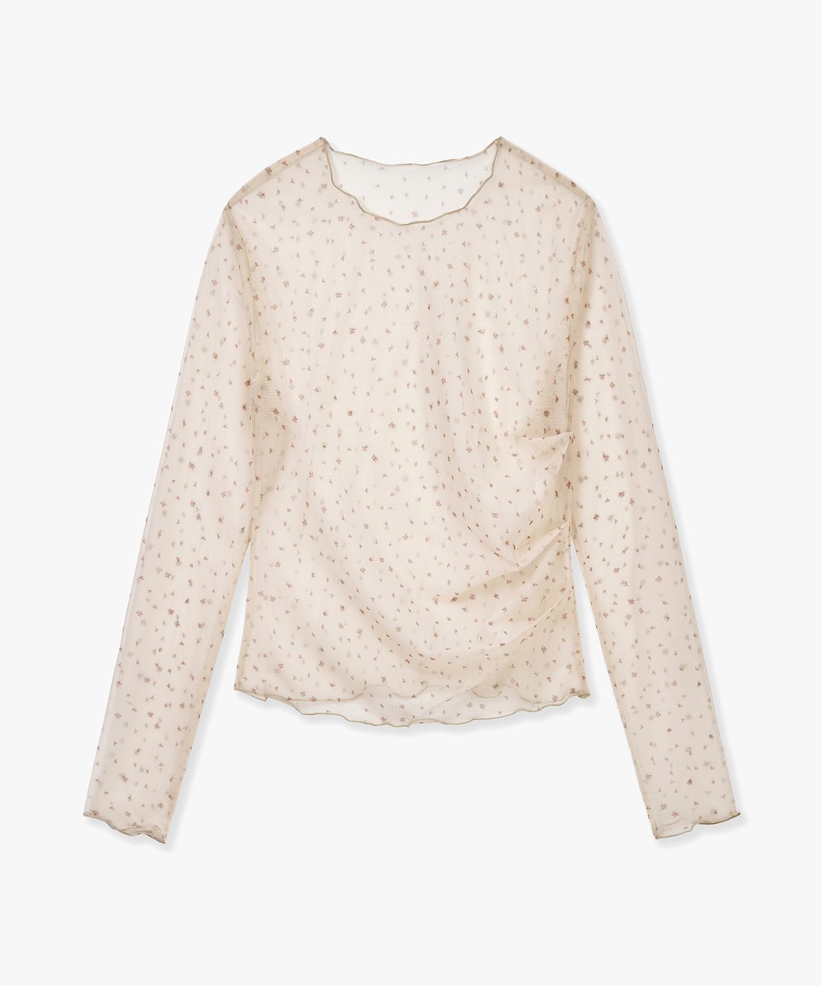 몽돌(MONGDOL) 사이드 셔링 플라워 매쉬 롱 슬리브 베이지 MDTS061FLOWERBEIGE