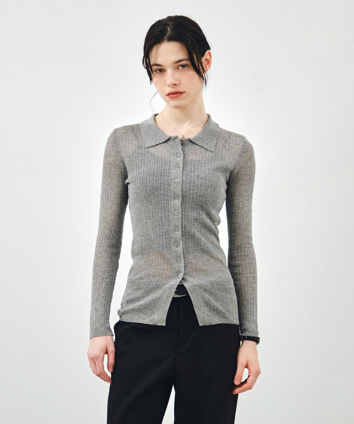 몽돌(MONGDOL) 슬림 골지 롱 카라 가디건 그레이 MDCD058GRAY