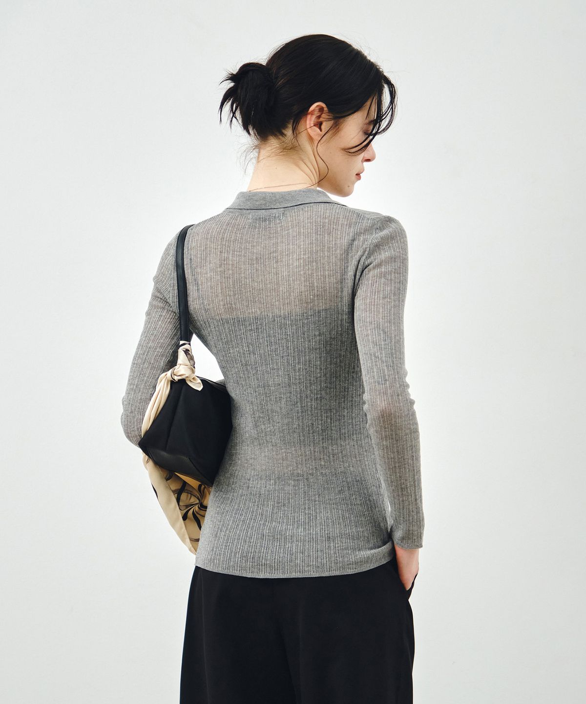 몽돌(MONGDOL) 슬림 골지 롱 카라 가디건 그레이 MDCD058GRAY