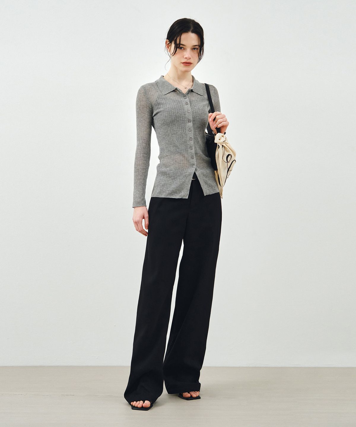 몽돌(MONGDOL) 슬림 골지 롱 카라 가디건 그레이 MDCD058GRAY