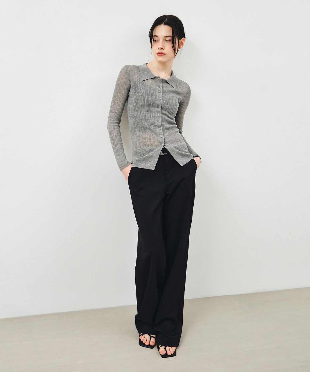몽돌(MONGDOL) 슬림 골지 롱 카라 가디건 그레이 MDCD058GRAY