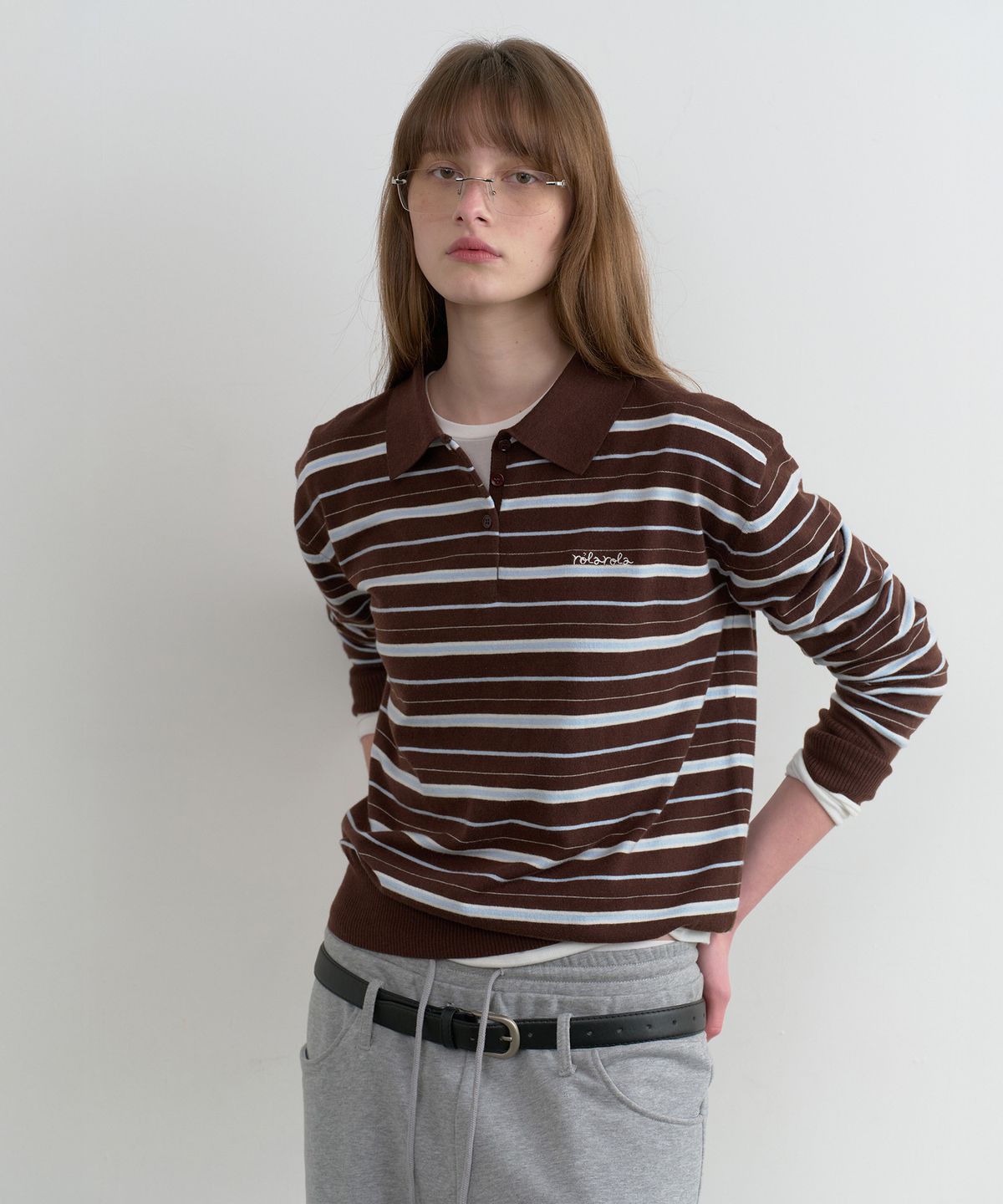 로라로라(ROLAROLA) LOOSEFIT MULTI STRIPE COLLAR KNIT BROWN