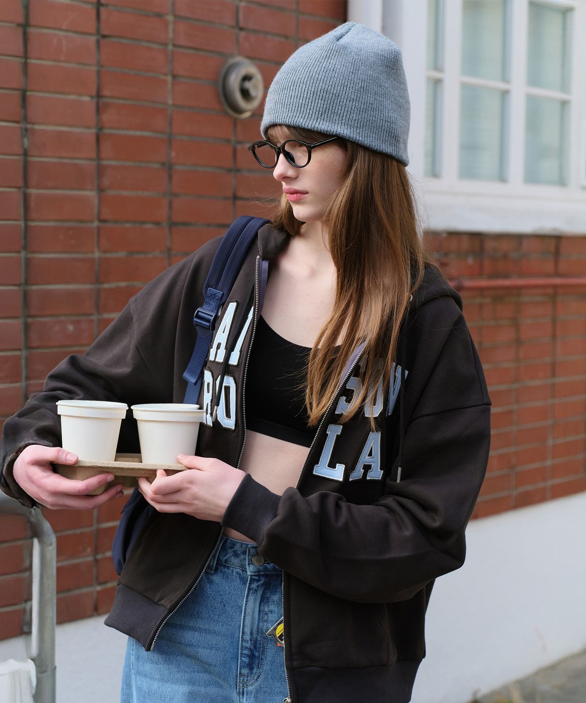로라로라(ROLAROLA) PATCHWORK CAMPUS HOOD ZIP-UP CHARCOAL