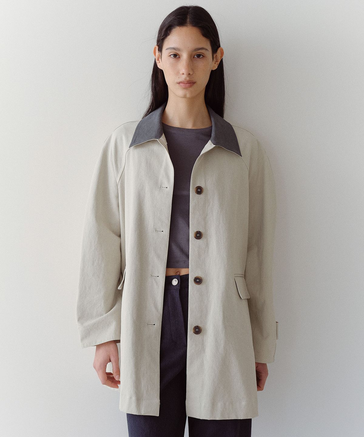 엔오르(EN OR) CONTRAST COLLAR WORK COAT - IVORY
