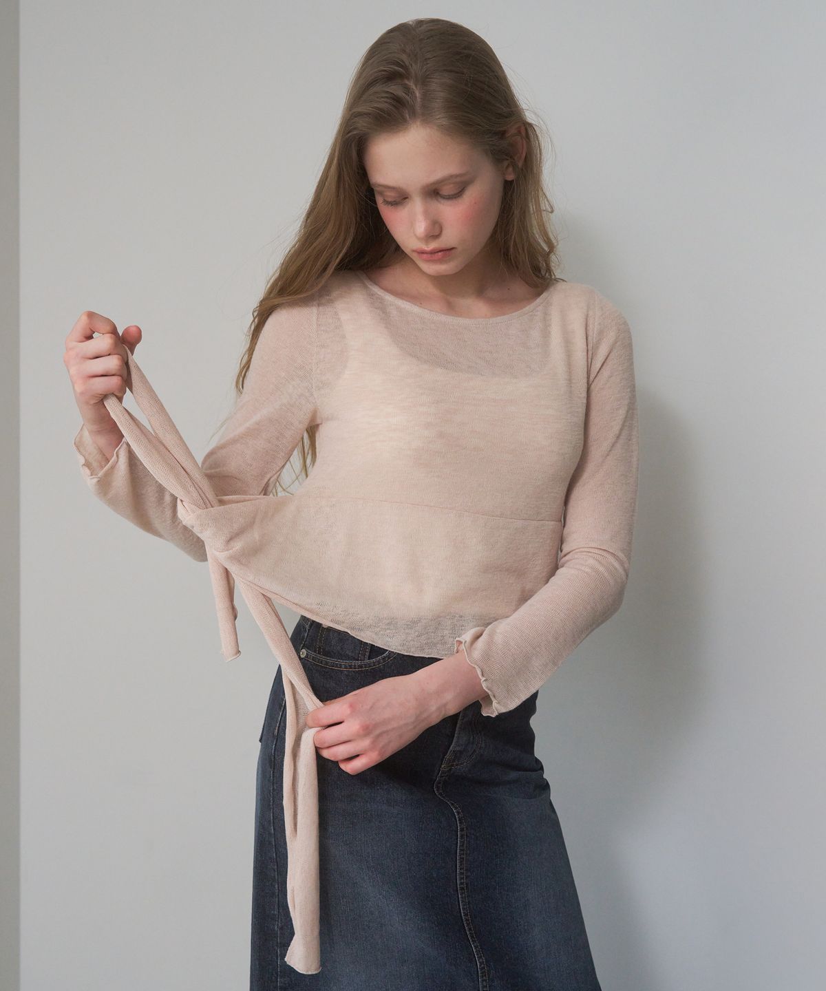 어몽(AMONG) A BOAT-NECK TIE T-SHIRT_BEIGE