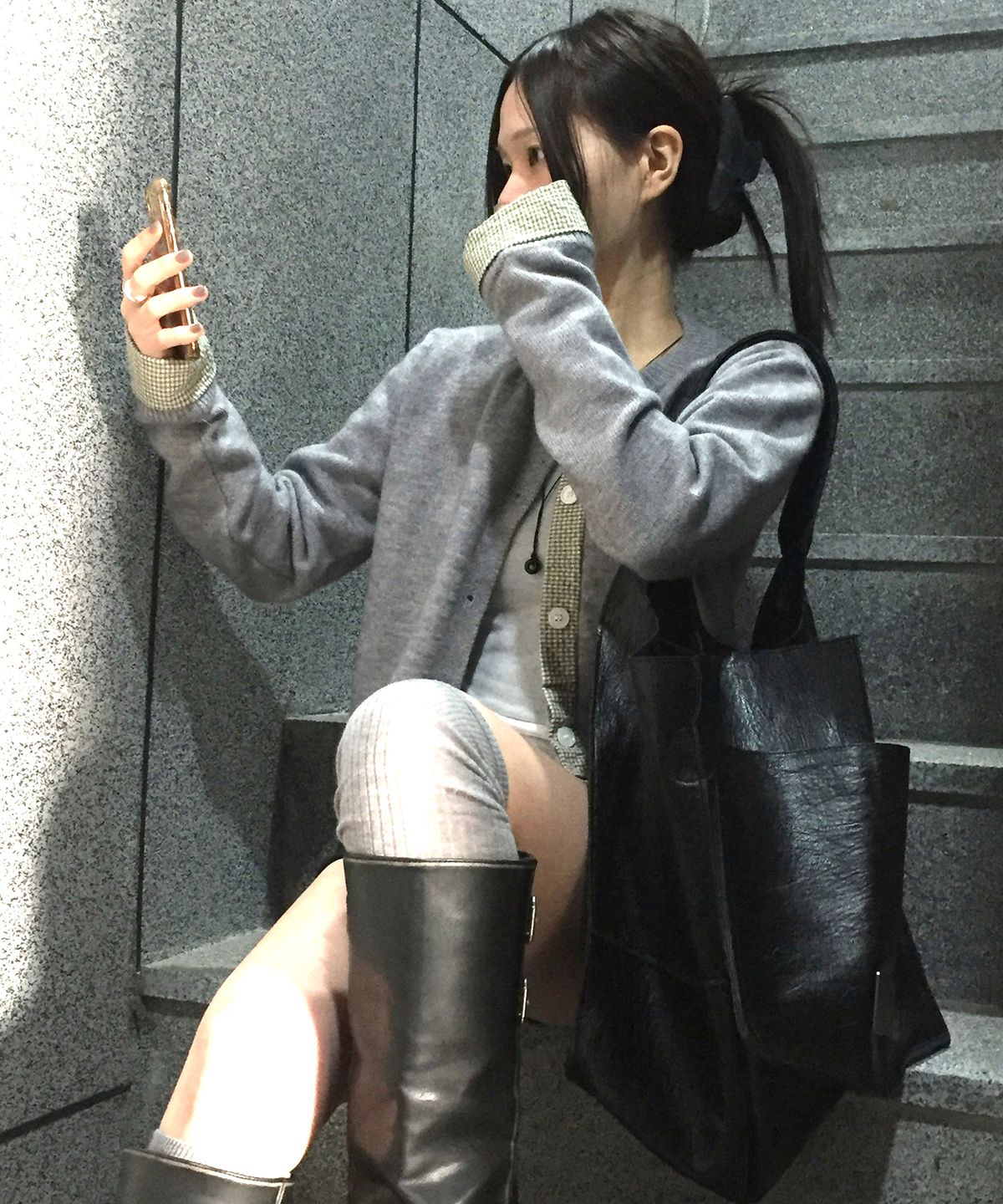 칙스(CHICKS) 체크 레이어드 가디건 라이트멜란지