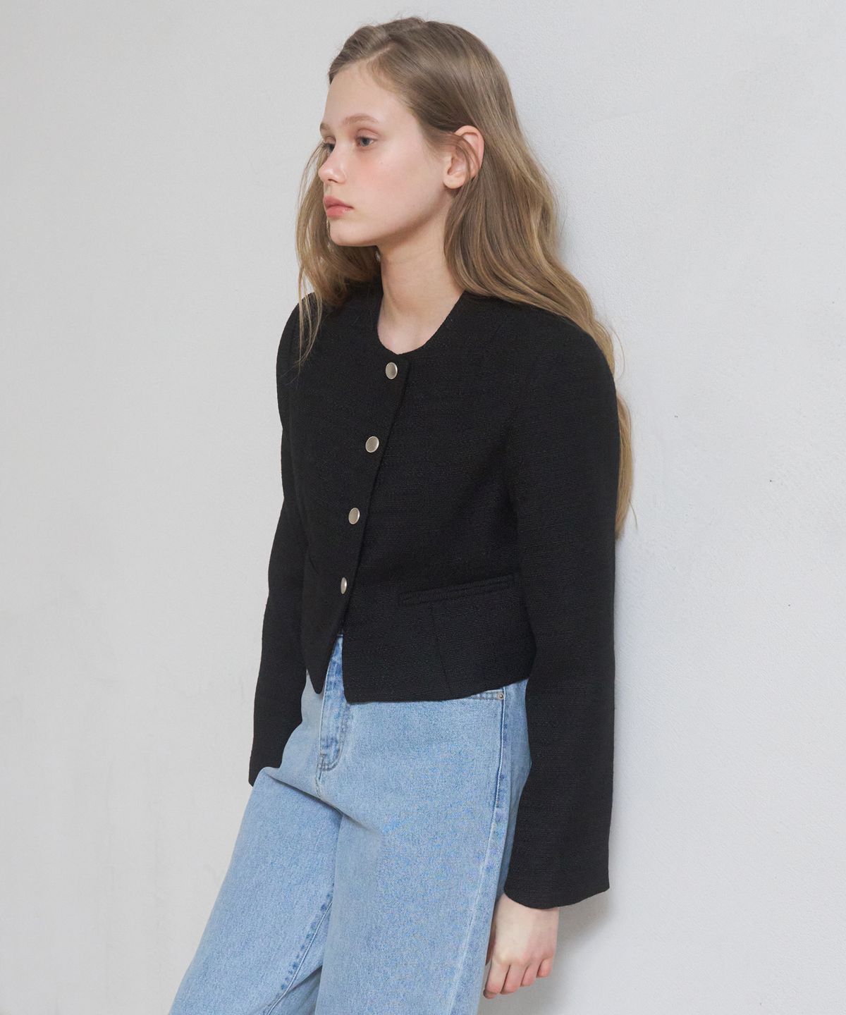 어몽(AMONG) A CROPPED TWEED JACKET_BLACK