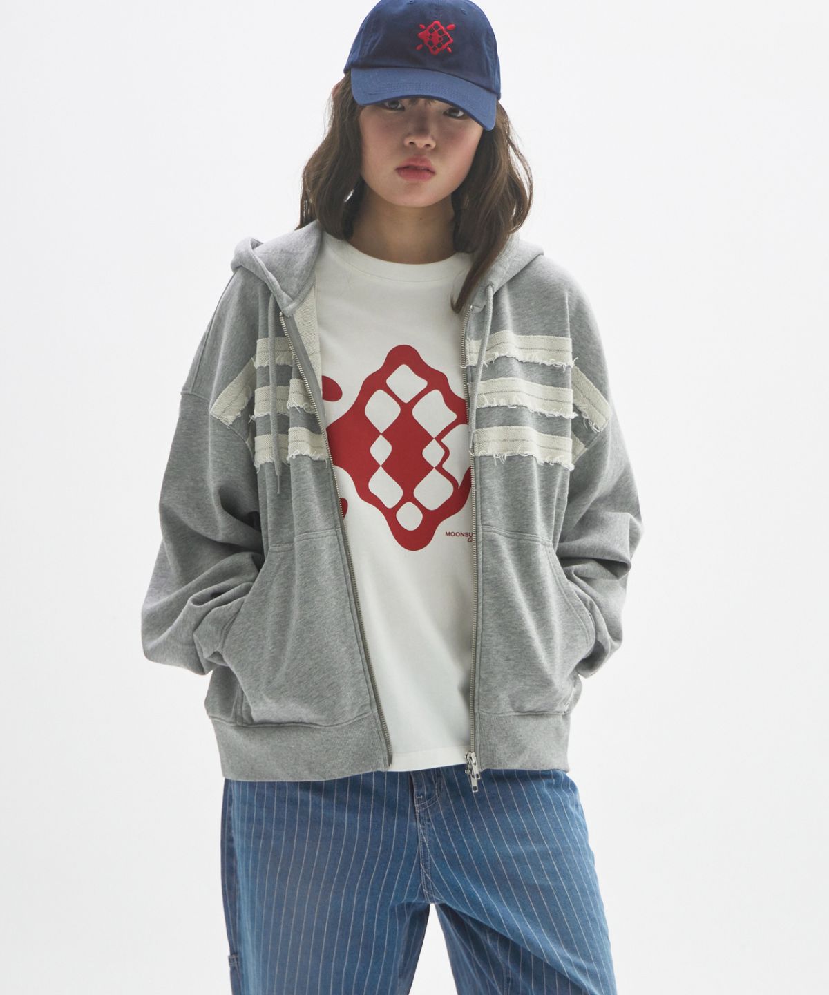 문선 아카이브(MOONSUN ARCHIVE) M.C UNISEX, Seam Stripe Hood Zip-up / MELANGE GRAY