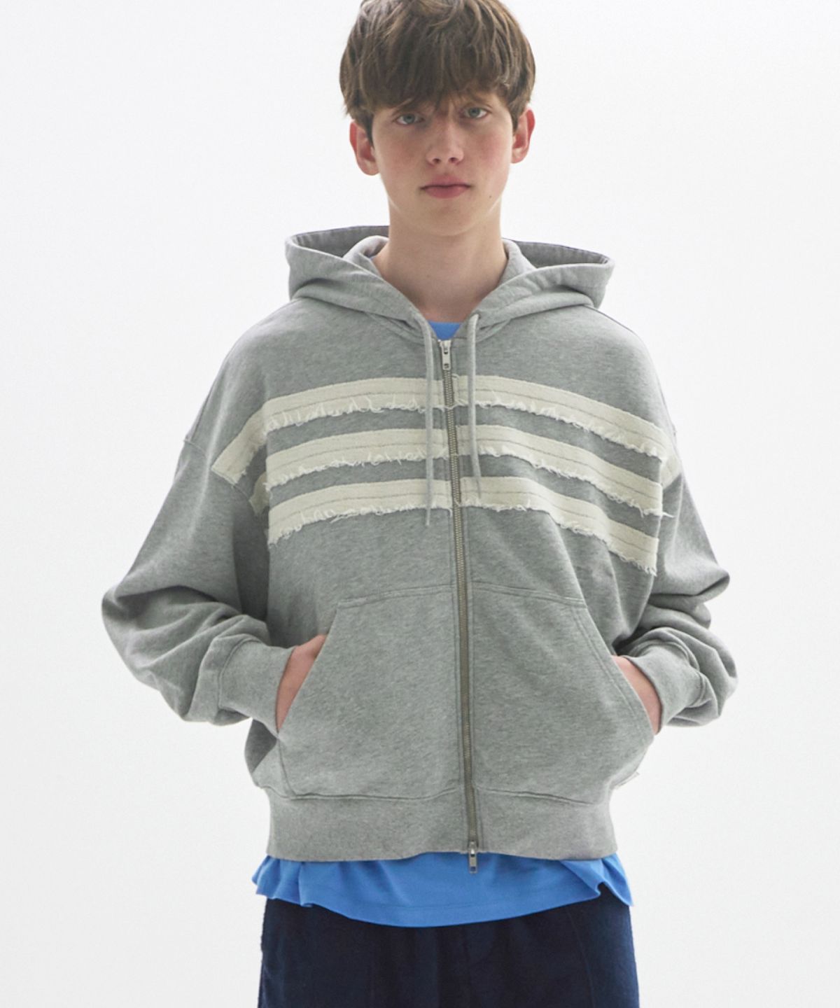 문선 아카이브(MOONSUN ARCHIVE) M.C UNISEX, Seam Stripe Hood Zip-up / MELANGE GRAY