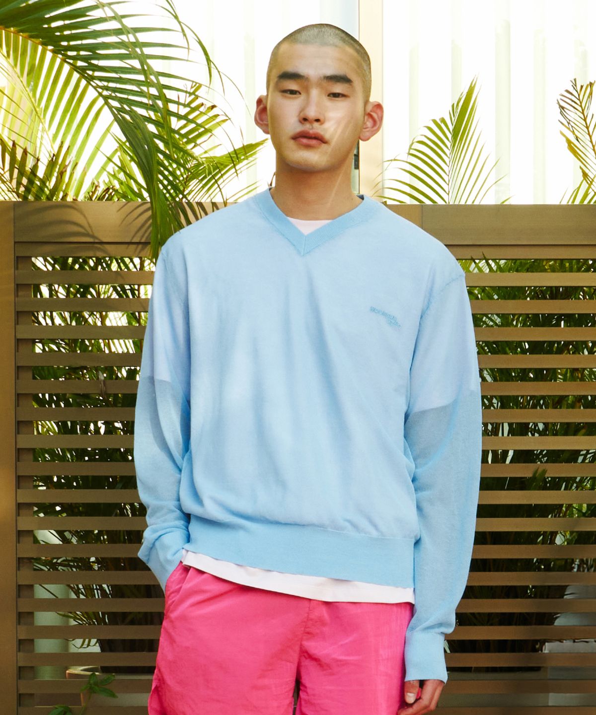 문선 아카이브(MOONSUN ARCHIVE) M.C UNISEX, Logo Sheer V Neck Knit / BLUE