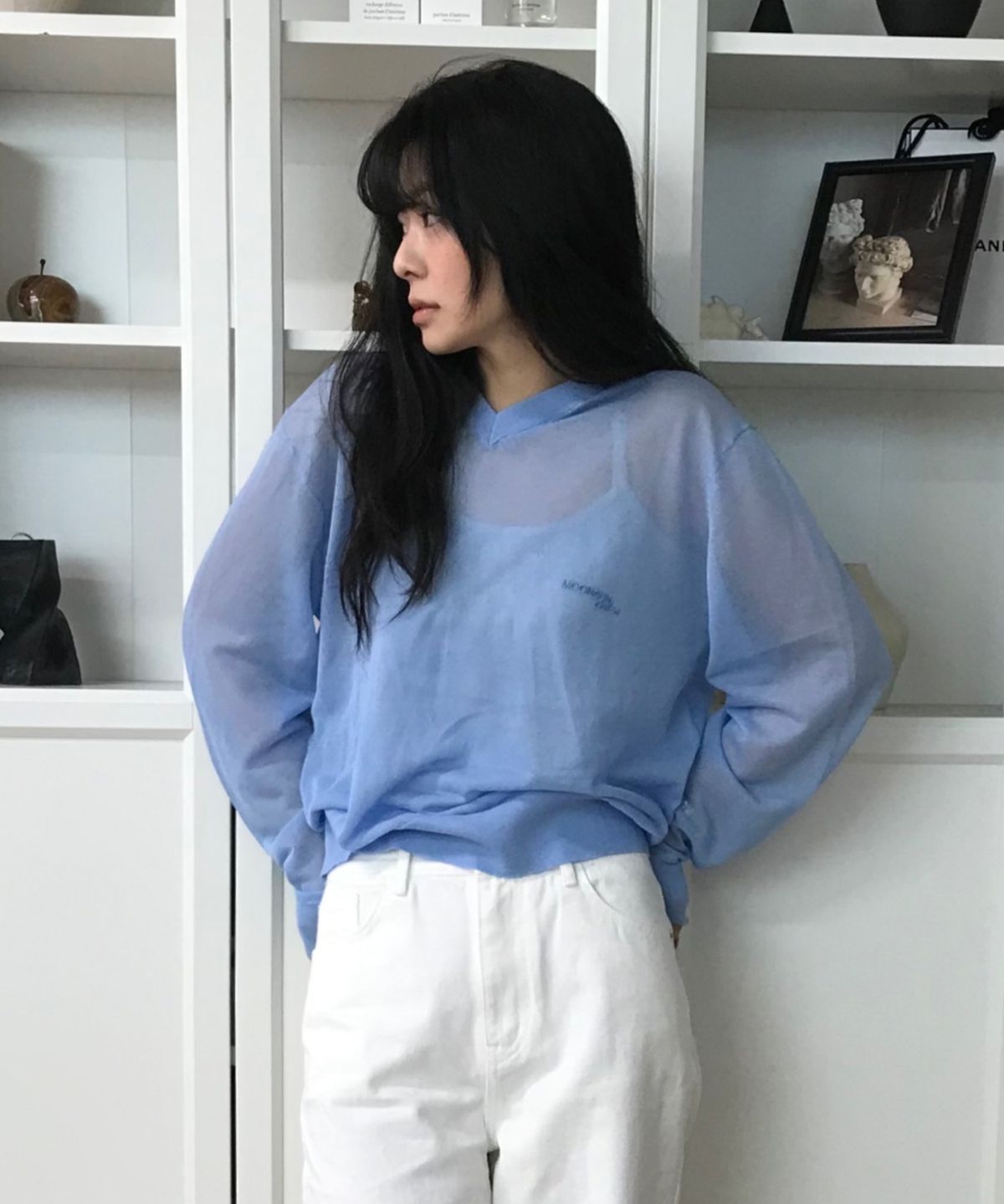 문선 아카이브(MOONSUN ARCHIVE) M.C UNISEX, Logo Sheer V Neck Knit / BLUE
