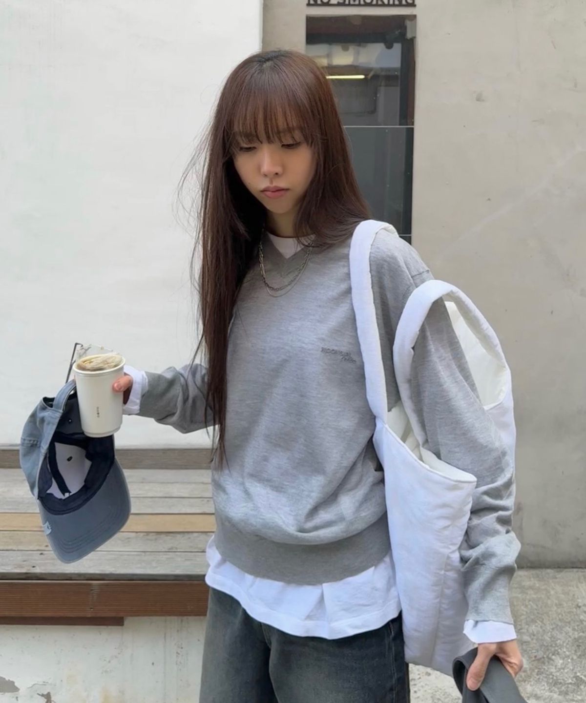 문선 아카이브(MOONSUN ARCHIVE) M.C UNISEX, Logo Sheer V Neck Knit / GRAY