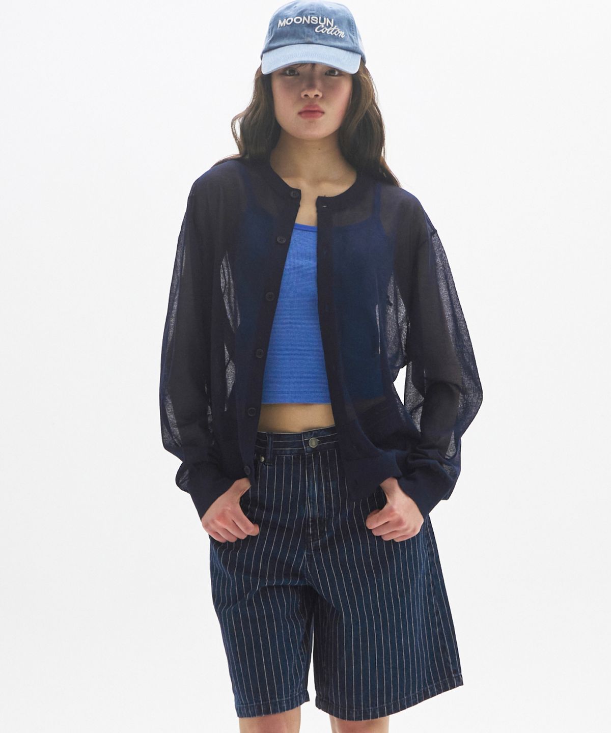 문선(MOONSUN) M.C UNISEX, Logo Sheer Knit Cardigan / NAVY