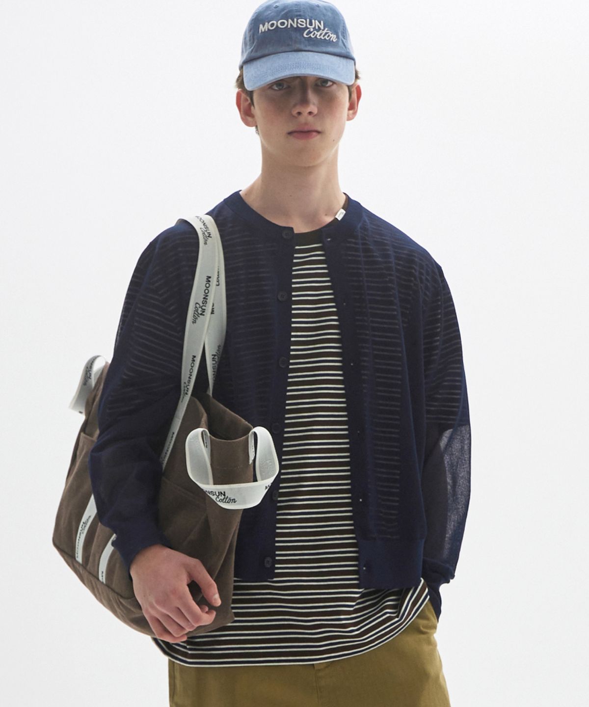 문선(MOONSUN) M.C UNISEX, Logo Sheer Knit Cardigan / NAVY