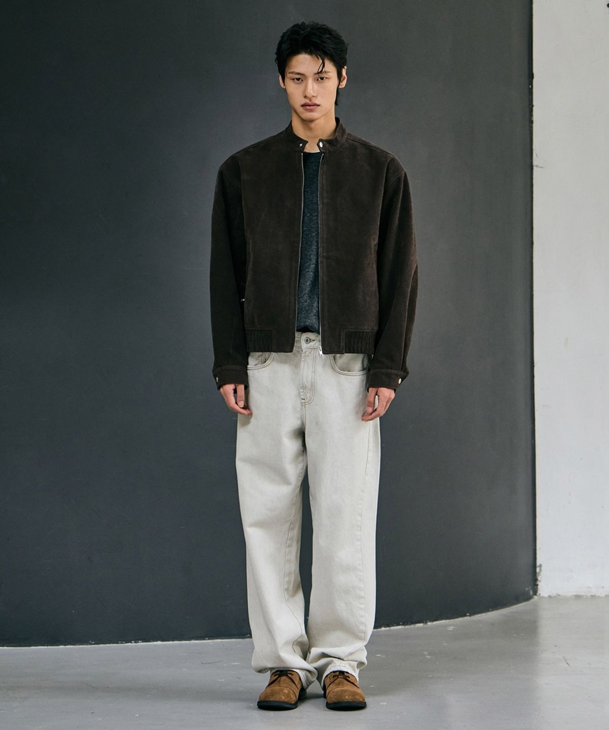 무드인사이드(MOOD INSIDE) 패널드 하이 스웨이드 바이커 자켓_Brown