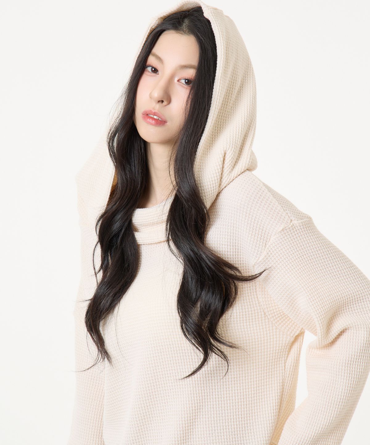 언노운 플라넷(UNKNOWN PLANET) 루즈핏 와플 후디 베이지