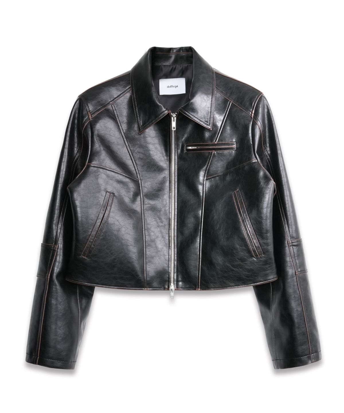 도프셉(DOFFSEPT) Cutline Crop Leather Jacket in Black