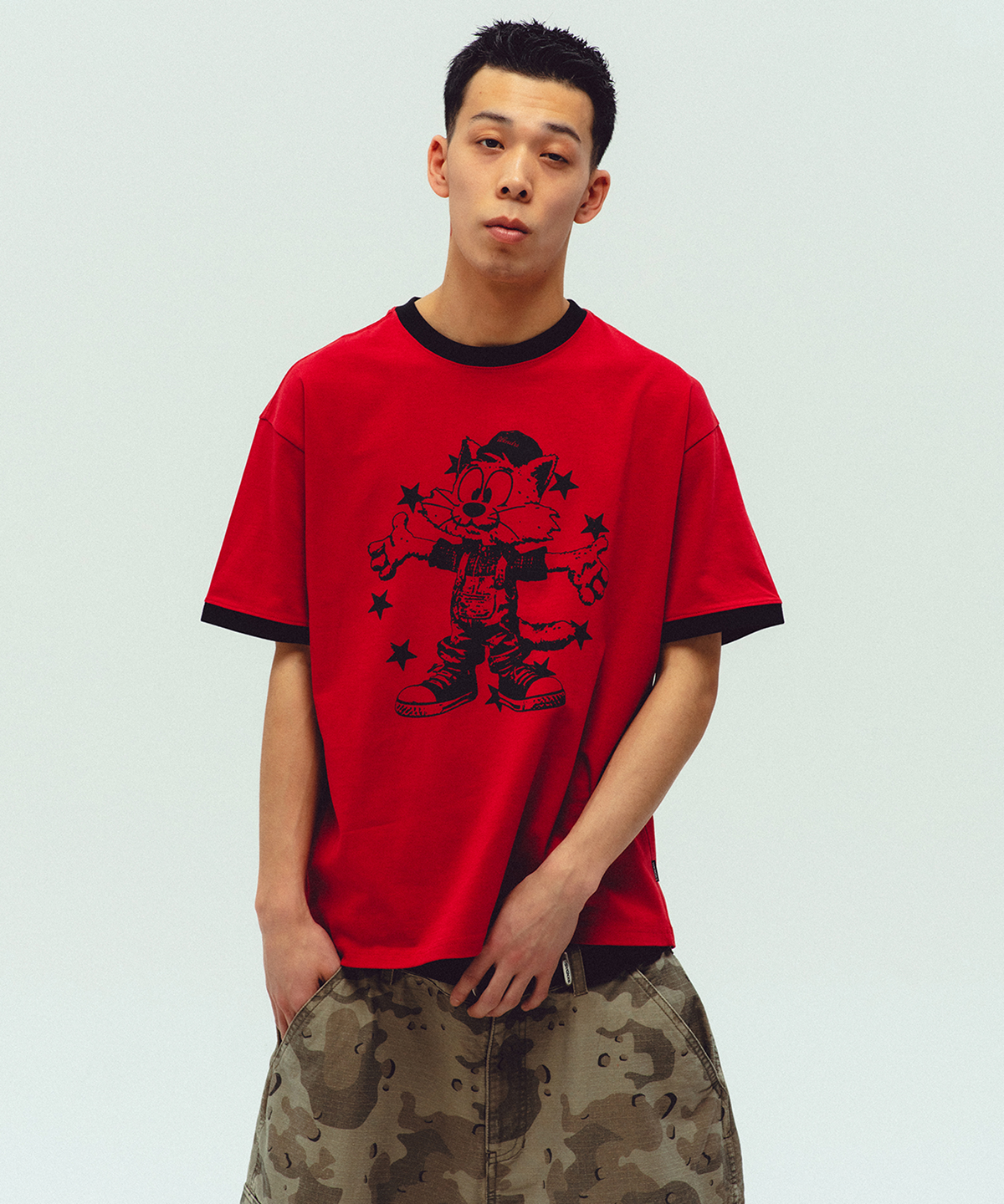 위캔더스(WKNDRS) CAT RINGER T-SHIRT (BURGUNDY)