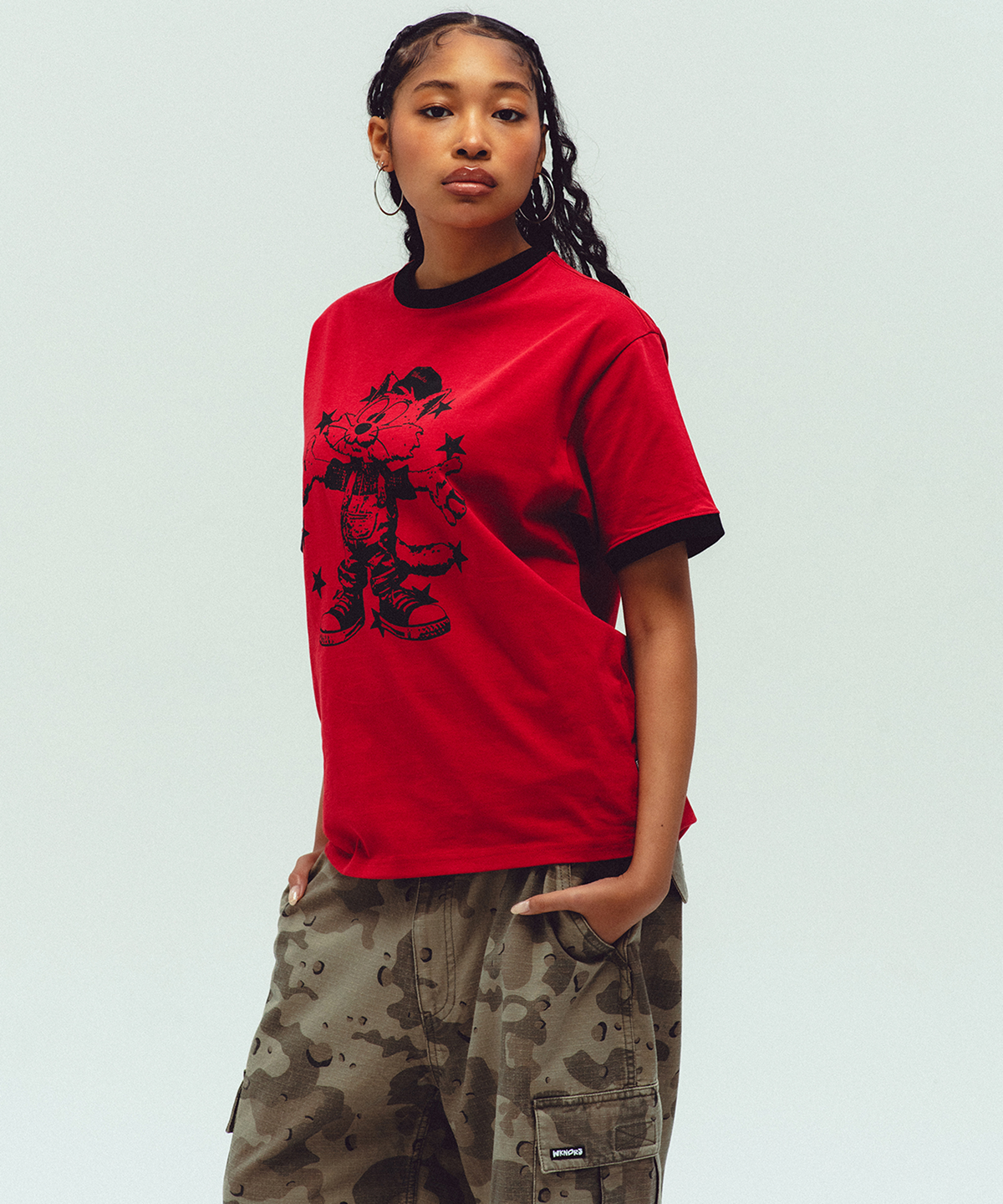 위캔더스(WKNDRS) CAT RINGER T-SHIRT (BURGUNDY)