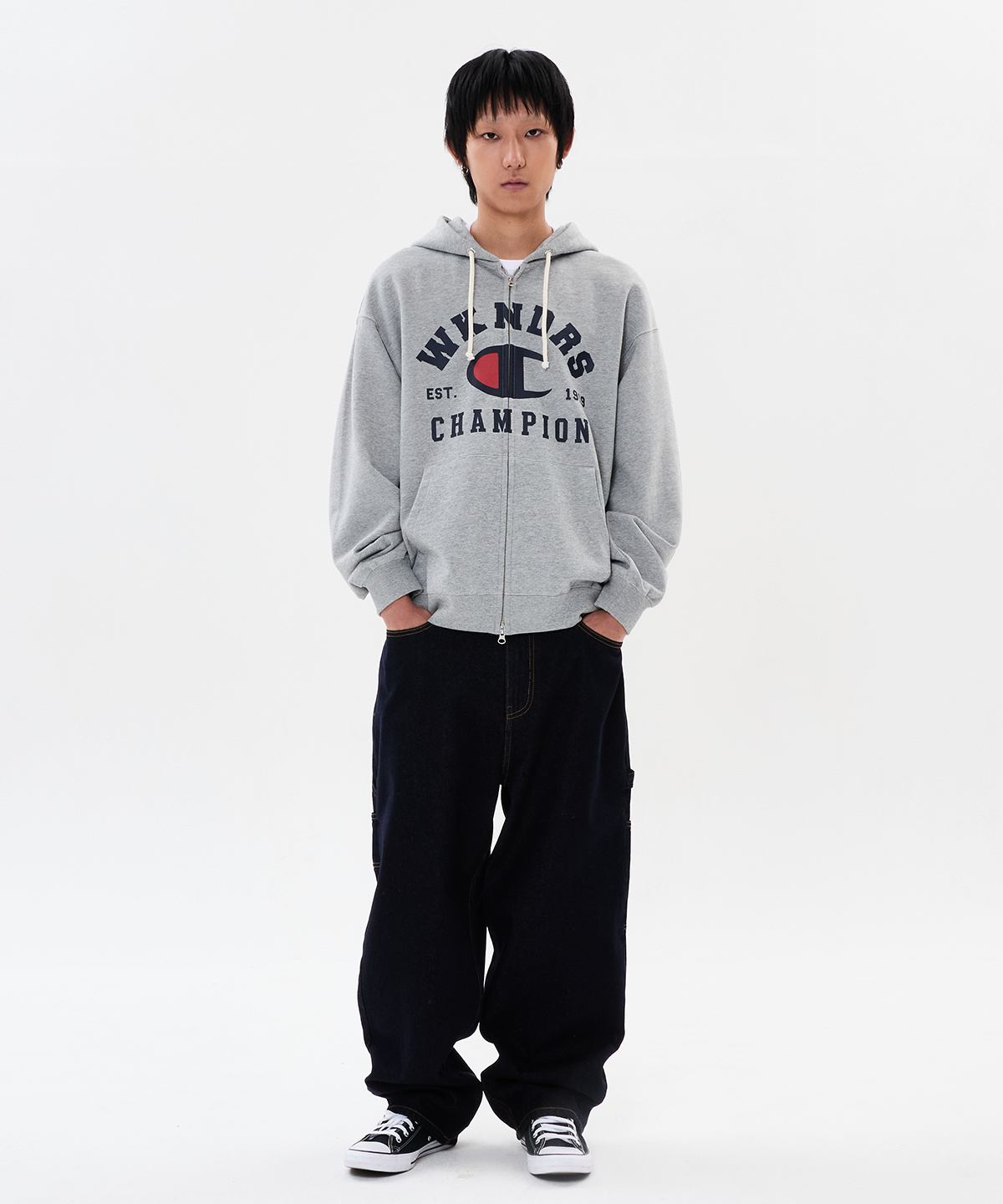 위캔더스(WKNDRS) WKNDRS x CHAMPION LOGO ZIP-UP HOODIE (M.GREY)